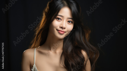 Portrait of vogue fashion smiling Asian girl, black background