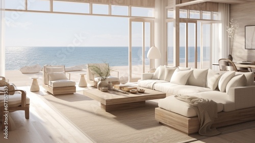 A contemporary beach house living room with oversized windows, slipcovered furniture, and coastal decor. © SHAPTOS