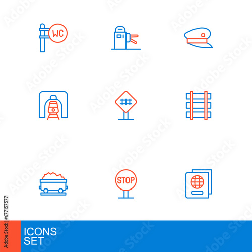 Set line Passport, Stop sign, Coal train wagon, Railway barrier, Train railway tunnel, Railroad crossing, driver hat and Turnstile icon. Vector