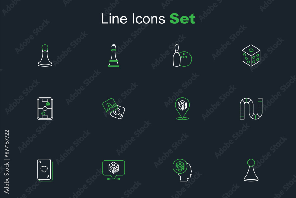 Set line Chip for board game, Game dice, Playing cards, Board, Bingo and Air hockey table icon. Vector