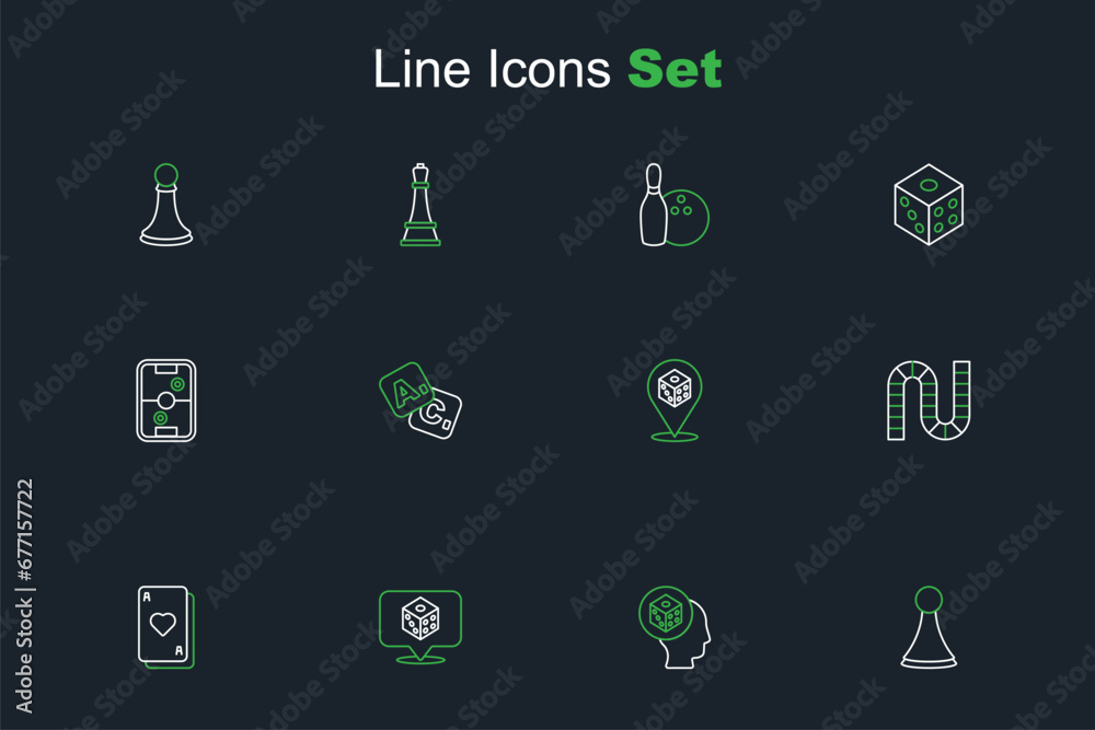 Set line Chip for board game, Game dice, Playing cards, Board, Bingo and Air hockey table icon. Vector Set line Chip for board game, Game dice, Playing cards, Board, Bingo and Air hockey table icon. Vector