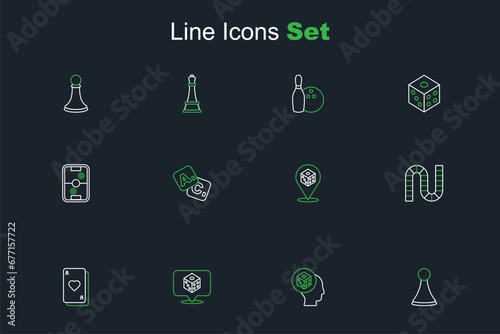 Set line Chip for board game, Game dice, Playing cards, Board, Bingo and Air hockey table icon. Vector