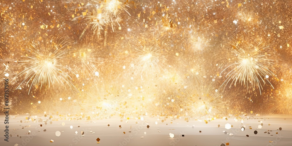 Fototapeta premium Sparkling spectacle. Vibrant fireworks illuminate night. Festive radiance. Golden lights and firework in celebration. Night to remember. Glittering sky