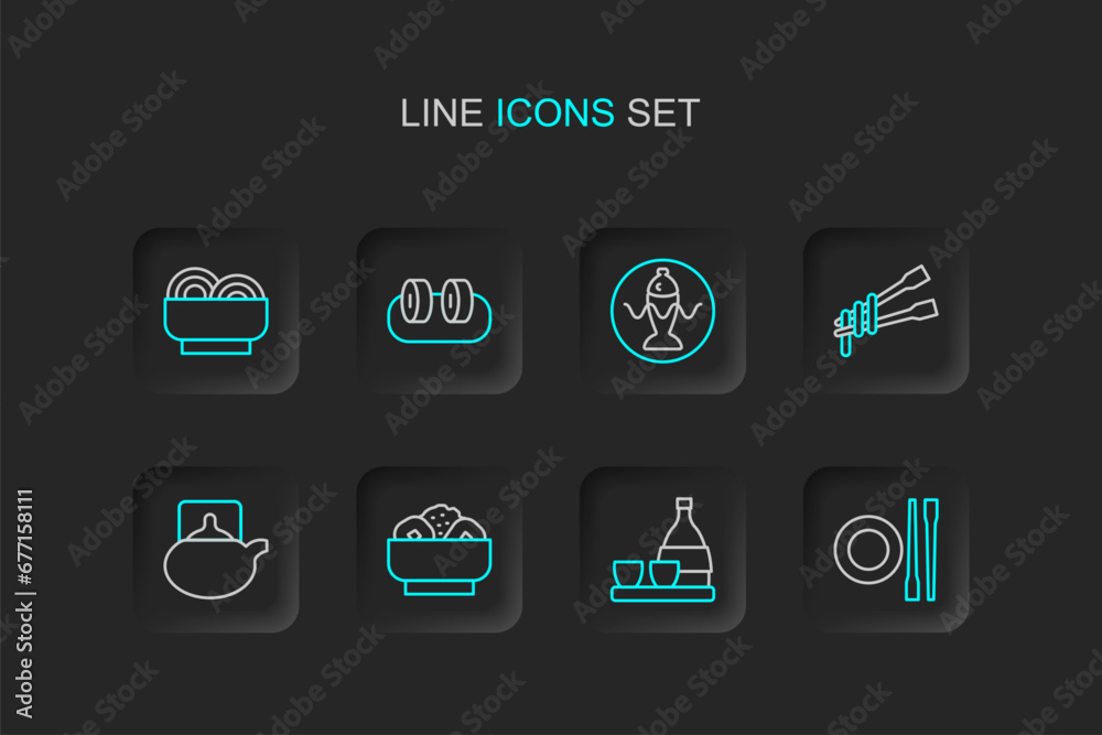 Set line Food chopsticks with plate, Bottle of sake, Chow mein on, Traditional tea ceremony, noodles, Served fish, Sushi and Asian bowl icon. Vector Set line Food chopsticks with plate, Bottle of sake, Chow mein on, Traditional tea ceremony, noodles, Served fish, Sushi and Asian bowl icon. Vector
