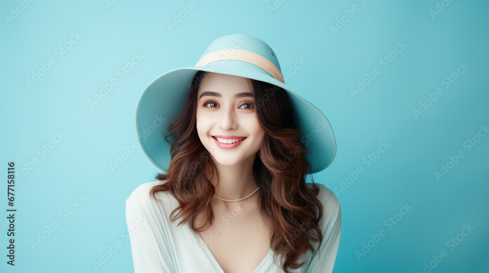 Portrait of vogue fashion smiling Asian girl, solid color background Portrait of vogue fashion smiling Asian girl, solid color background