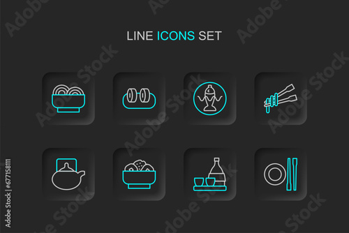 Set line Food chopsticks with plate, Bottle of sake, Chow mein on, Traditional tea ceremony, noodles, Served fish, Sushi and Asian bowl icon. Vector
