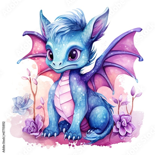 Cute fantasy dragon clipart in watercolor