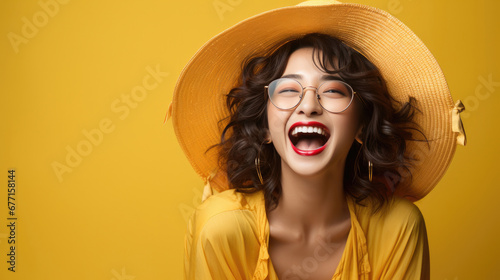 Portrait of vogue fashion smiling Asian girl, solid color background