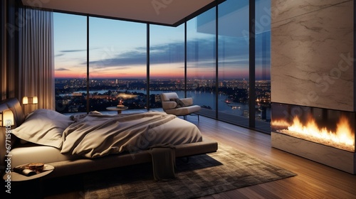 A contemporary luxury penthouse bedroom with floor-to-ceiling windows, a sleek fireplace, and plush bedding. © SHAPTOS