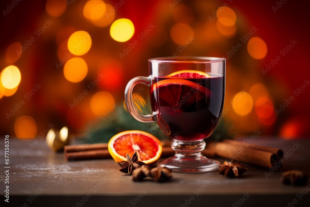 Christmas glass of mulled wine with spices and orange slices on background with blurred Christmas lights