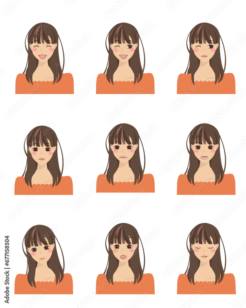色々な表情をした女性のイラストセット7 色々な表情をした女性のイラストセット7