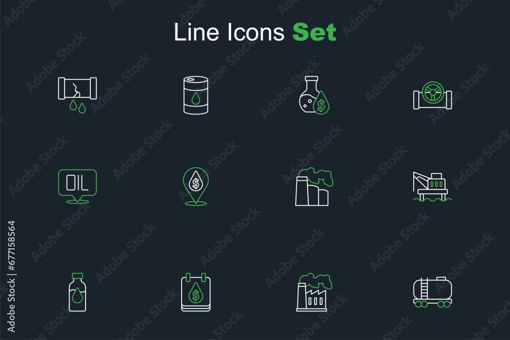 Set line Oil railway cistern, and gas industrial factory, drop with dollar symbol, petrol test tube, platform the sea, and Word oil icon. Vector Set line Oil railway cistern, and gas industrial factory, drop with dollar symbol, petrol test tube, platform the sea, and Word oil icon. Vector