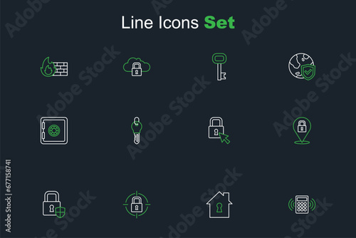 Set line Security keypad access panel, House under protection, Lock, Shield security with lock, Key and Safe icon. Vector © Iryna