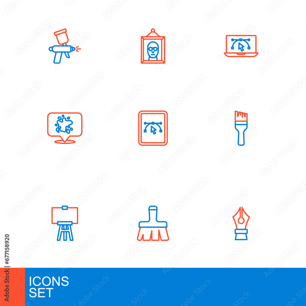 Set line Fountain pen nib, Paint brush, Wood easel, spray, Computer with design program, and Picture icon. Vector Set line Fountain pen nib, Paint brush, Wood easel, spray, Computer with design program, and Picture icon. Vector