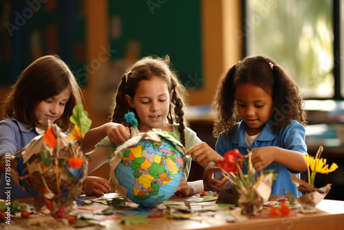 A group of children engaged in an "Earth Day Craft Workshop," emphasizing education and creativity, creativity with copy space