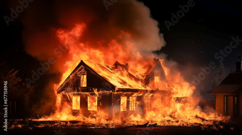 Fire in a private house in a countryside.. Burning house.
