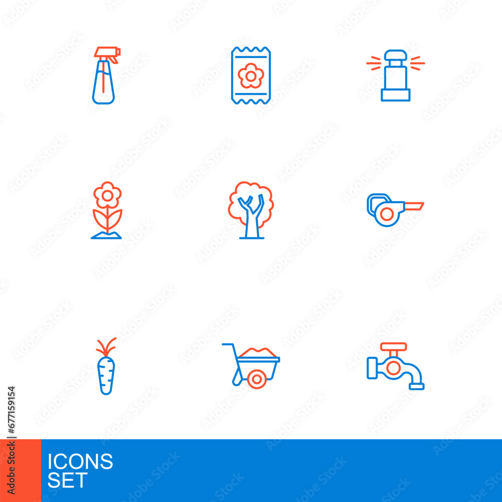 Set line Water tap, Wheelbarrow, Carrot, Leaf garden blower, Flower, Tree, Automatic irrigation sprinklers and Pack full of seeds icon. Vector