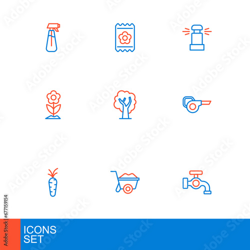 Set line Water tap, Wheelbarrow, Carrot, Leaf garden blower, Flower, Tree, Automatic irrigation sprinklers and Pack full of seeds icon. Vector