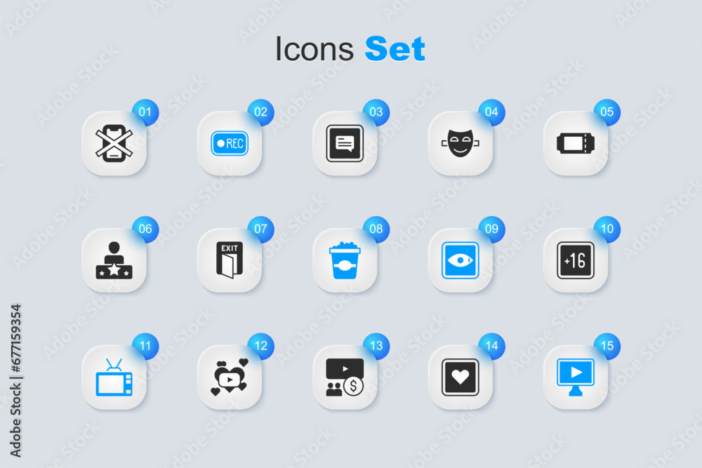 Set Like heart, Fire exit, Record button, Retro tv, Online play video, Plus 16 movie, No cell phone and Popcorn cardboard box icon. Vector Set Like heart, Fire exit, Record button, Retro tv, Online play video, Plus 16 movie, No cell phone and Popcorn cardboard box icon. Vector