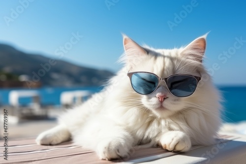 a cat wearing sunglasses on beach