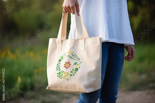 A close-up of a person using reusable shopping bags with Earth-themed designs, promoting sustainable consumer choices, creativity with copy space