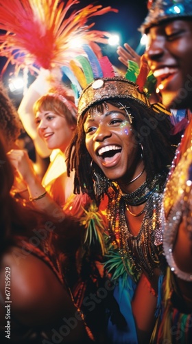 Bright carnival costumes. A fun celebration of a Brazilian party