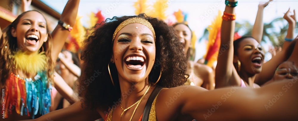 Bright carnival costumes. A fun celebration of a Brazilian party