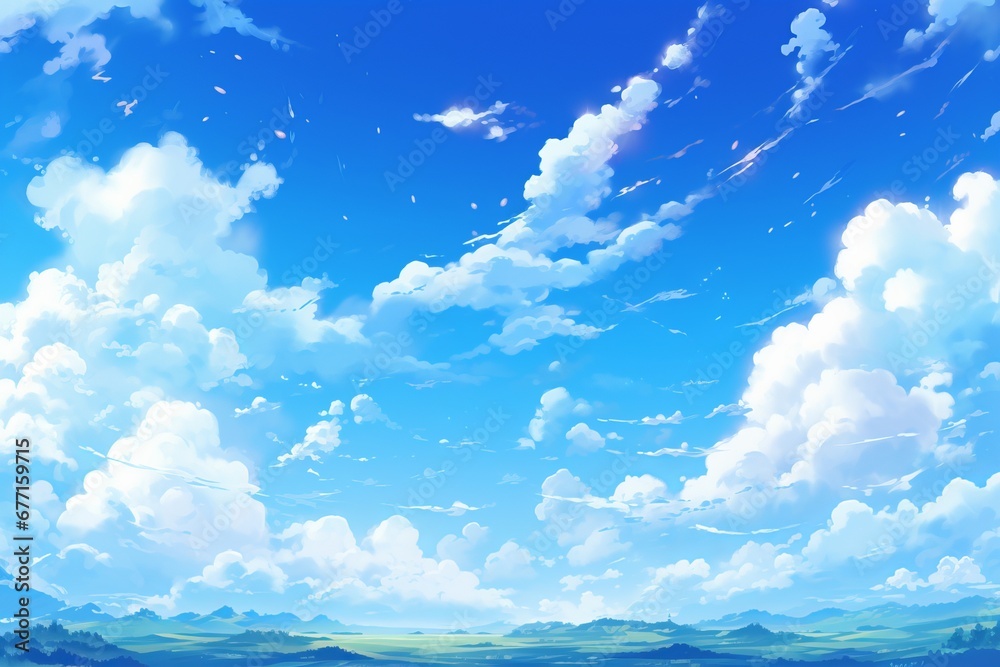 A playful blue sky rendered in the whimsical anime manner - obrazy, fototapety, plakaty 