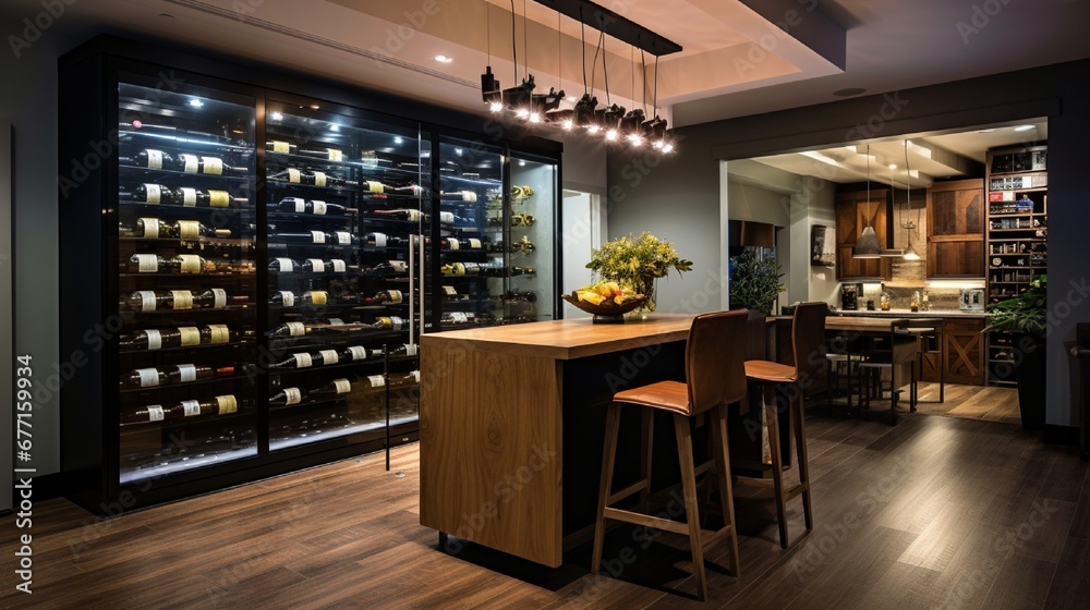 A contemporary wine tasting room with a tasting bar, climate-controlled storage, and accent lighting.