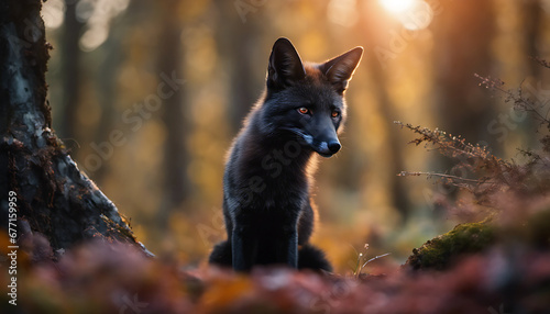 portrait of a melanistic fox in the woods, cinematic, digital art, illustration, design. photo