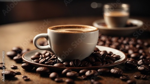 Close up high resolution image of a delightful cup of coffee and coffee beans. Generative AI.
