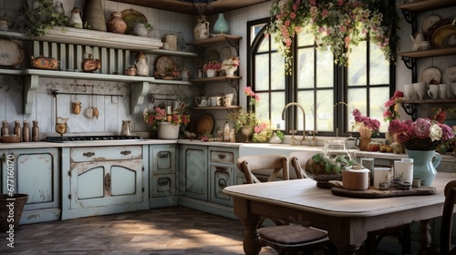 A French countryside-inspired kitchen with open shelving, distressed finishes, and floral accents.