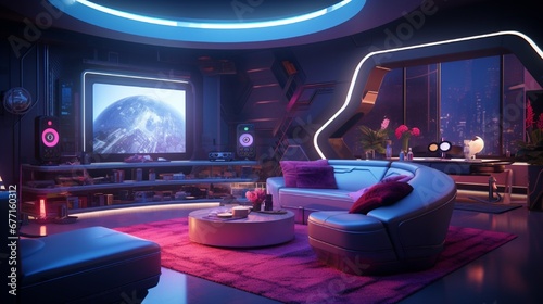 A futuristic gaming room equipped with VR technology, immersive sound systems, and LED accent lighting.