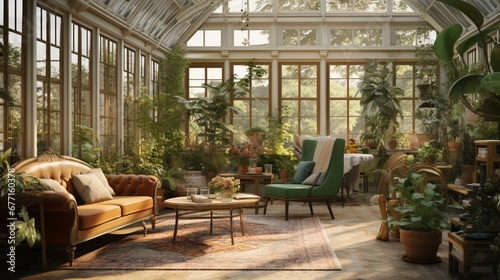 A garden conservatory with floor-to-ceiling windows  botanical prints  and a variety of plant species.