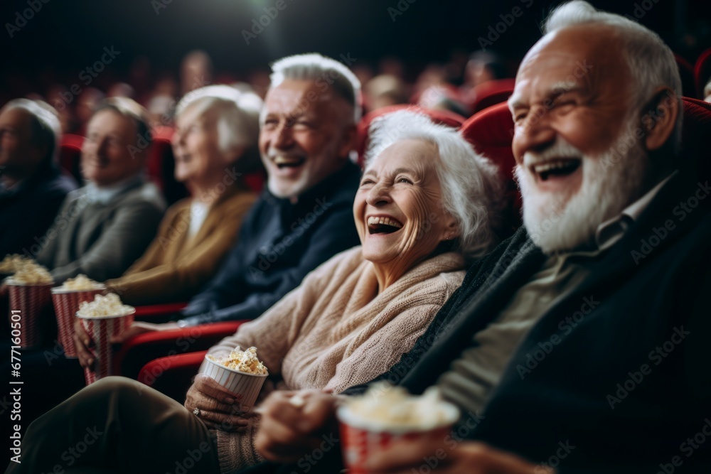Fototapeta premium Senior people watching comedy movie in cinema theater on red velvet seat background.
