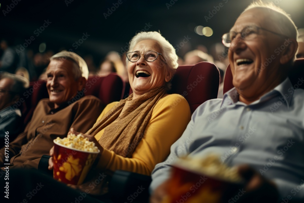 Senior people watching comedy movie in cinema theater on red velvet seat background.