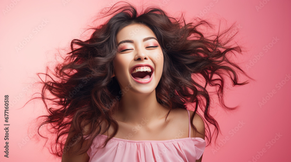 Portrait of vogue fashion smiling Asian girl, solid color background