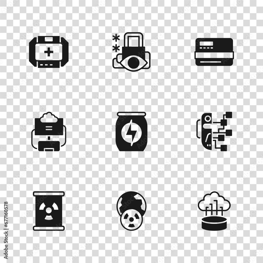 Set Planet earth and radiation, Humanoid robot, Network cloud connection, Energy drink, Credit card, First aid kit, Cyber security and Cloud database icon. Vector Set Planet earth and radiation, Humanoid robot, Network cloud connection, Energy drink, Credit card, First aid kit, Cyber security and Cloud database icon. Vector