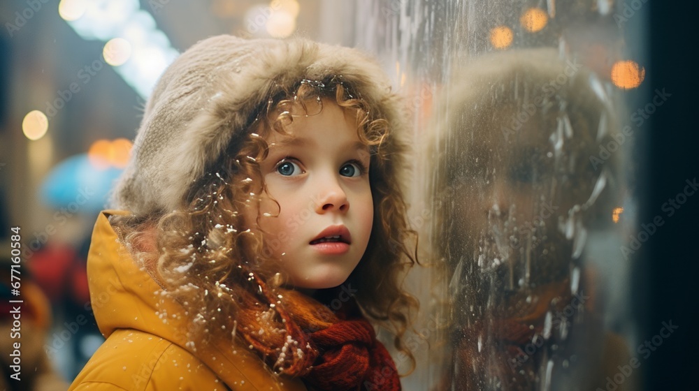 A warmly dressed girl window shopping on a snowy evening, creating a festive and cozy winter atmosphere. A warmly dressed girl window shopping on a snowy evening, creating a festive and cozy winter atmosphere.