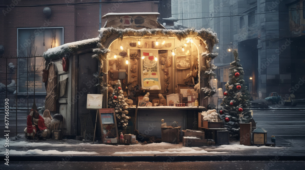Christmas market stall, adorned with festive decorations and lights, offering a cozy retreat on a snowy evening.