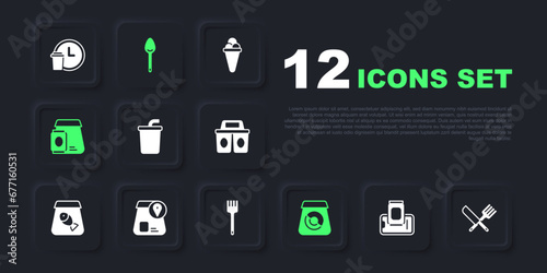 Set Food ordering on mobile, Crossed knife and fork, Paper glass with water, Online food, Spoon and Fork icon. Vector