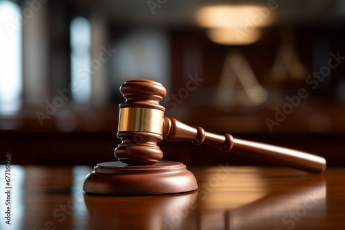 Court gavel in clear focus against a softly blurred court scene