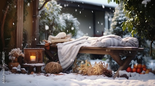 winter picnic setup with a lantern, fruits, and warm blanket on a wooden table amidst a snowy garden
