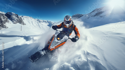 Sportsman in full face helmet driving snowmobile through the mountains. Winter scenery. © wonder