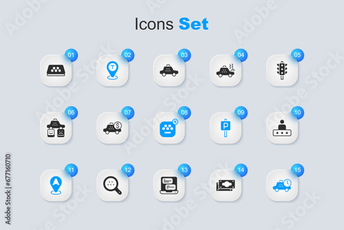 Set Stacks paper money cash, Taximeter device, Location taxi car, waiting time, service rating, roof and mobile app icon. Vector