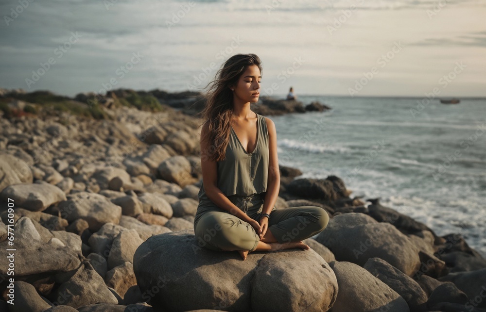 A young pretty longhair woman meditating on a rock at the seashore at sunset