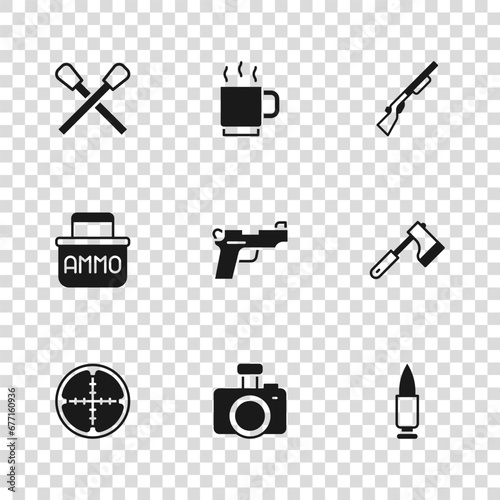 Set Photo camera, Wooden axe, Bullet, Pistol or gun, Hunting, Burning match with fire, Coffee cup and Ammunition box icon. Vector