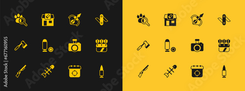 Set Swiss army knife, Dead fish, Photo camera, Target sport, Bullet, Medieval bow and arrow, Paw search and Hunting shop icon. Vector