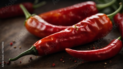 Close up high resolution image of big red chili peppers on the table. Generative AI. photo