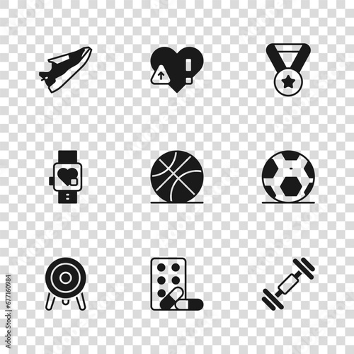 Set Sports doping with dumbbell, Soccer football ball, Dumbbell, Basketball, Medal, Fitness sneakers shoes, Heart rate and Smart watch heart icon. Vector